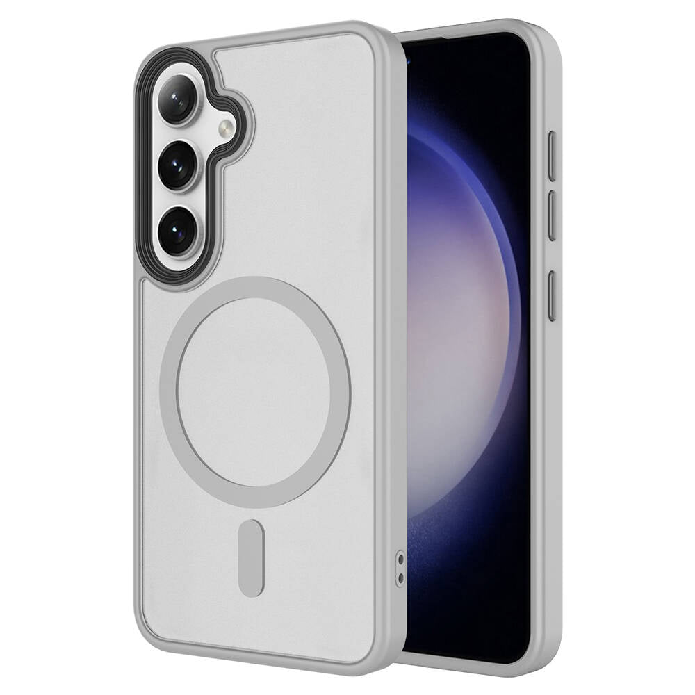 Galaxy S24 Plus Kılıf Sert PC Arka Yüzey Wireless Şarj Özellikli Zore Flet M-safe Kapak Gri