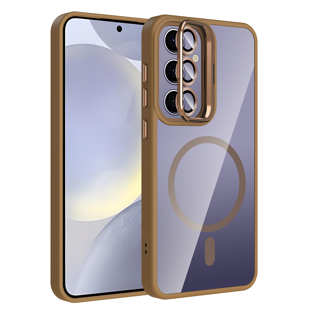 Galaxy S24 Plus Kılıf Standlı ve Kamera Lens Hediyeli M-Safe Şarj Özellikli Zore Etro Kapak Gri