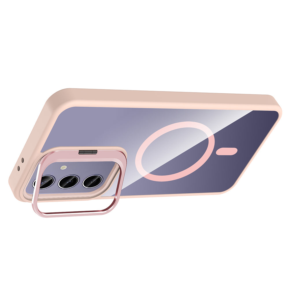 Galaxy S24 Plus Kılıf Standlı ve Kamera Lens Hediyeli M-Safe Şarj Özellikli Zore Etro Kapak Gri