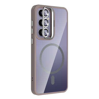 Galaxy S24 Plus Kılıf Standlı ve Kamera Lens Hediyeli M-Safe Şarj Özellikli Zore Etro Kapak Derin Mor