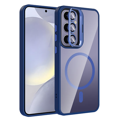 Galaxy S24 Plus Kılıf Standlı ve Kamera Lens Hediyeli M-Safe Şarj Özellikli Zore Etro Kapak Lacivert