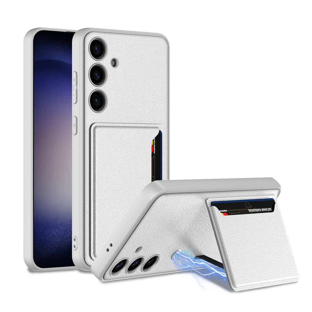 Galaxy S24 Plus Suni Deri Arka Yüzey Zore Kartlıklı Kıpta Silikon Kapak Gümüş