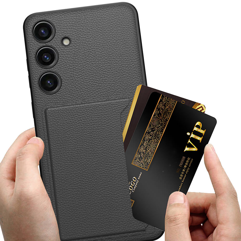 Galaxy S24 Plus Suni Deri Arka Yüzey Zore Kartlıklı Kıpta Silikon Kapak Siyah