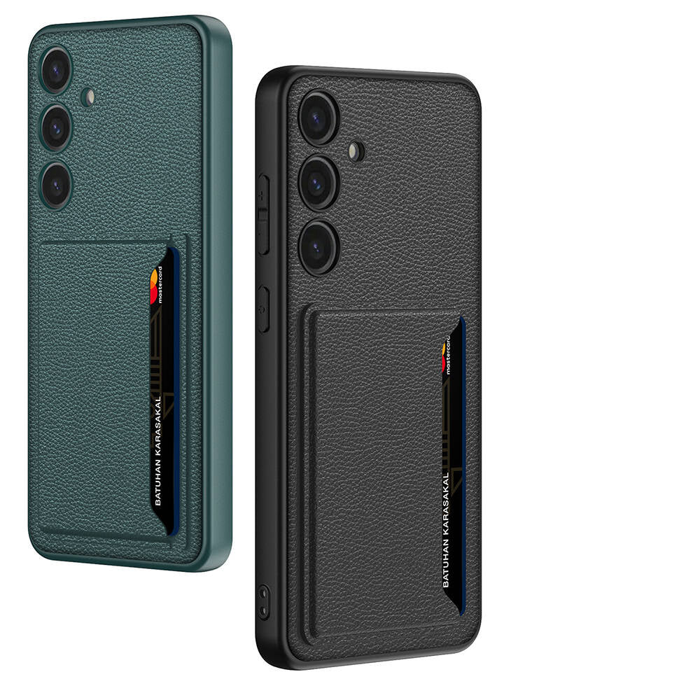 Galaxy S24 Plus Suni Deri Arka Yüzey Zore Kartlıklı Kıpta Silikon Kapak Siyah Karbon