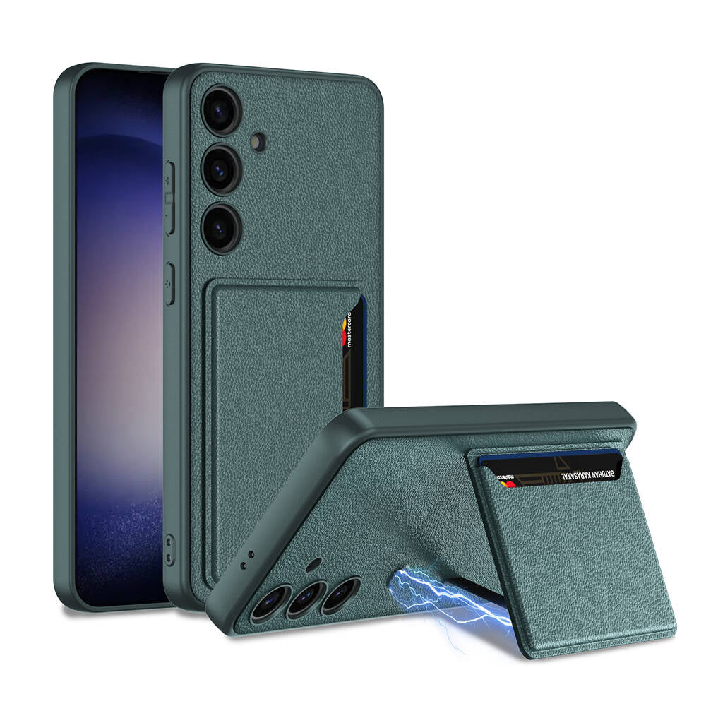 Galaxy S24 Plus Suni Deri Arka Yüzey Zore Kartlıklı Kıpta Silikon Kapak Yeşil