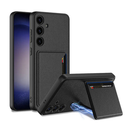 Galaxy S24 Suni Deri Arka Yüzey Zore Kartlıklı Kıpta Silikon Kapak Mürdüm