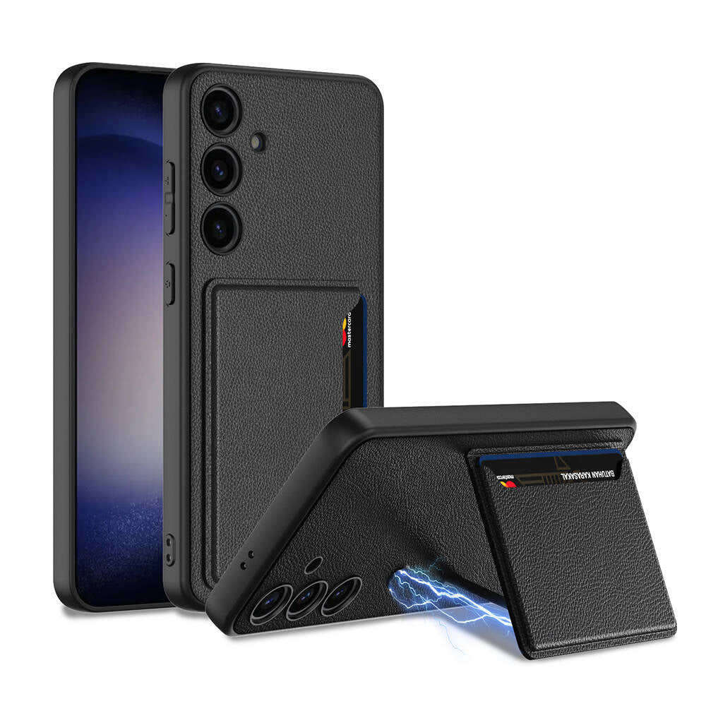 Galaxy S24 Suni Deri Arka Yüzey Zore Kartlıklı Kıpta Silikon Kapak Siyah