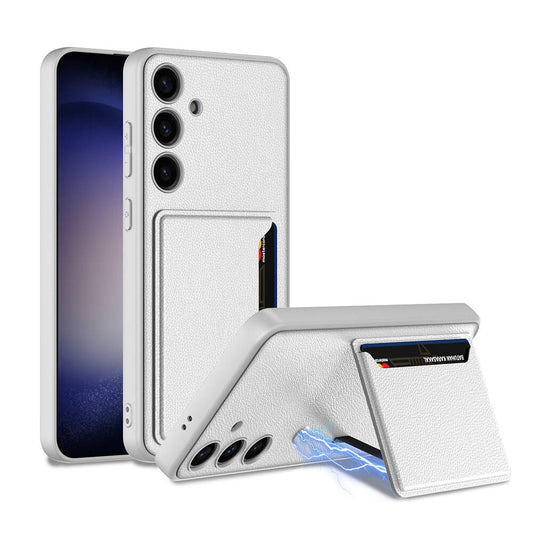 Galaxy S24 Suni Deri Arka Yüzey Zore Kartlıklı Kıpta Silikon Kapak Gümüş