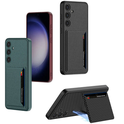 Galaxy S24 Suni Deri Arka Yüzey Zore Kartlıklı Kıpta Silikon Kapak Siyah