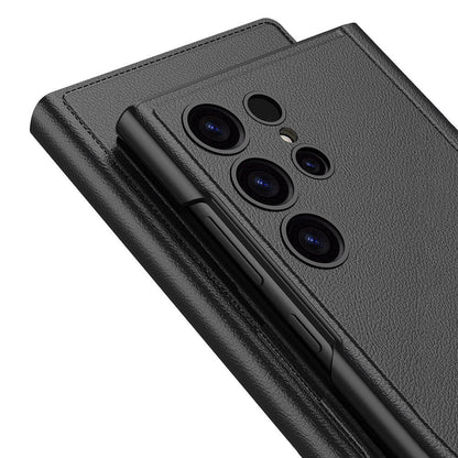 Galaxy S24 Ultra Kılıf Kamera Korumalı Suni Deri Tasarım Zore Droga Standlı Kartlıklı Kapaklı Kılıf Siyah