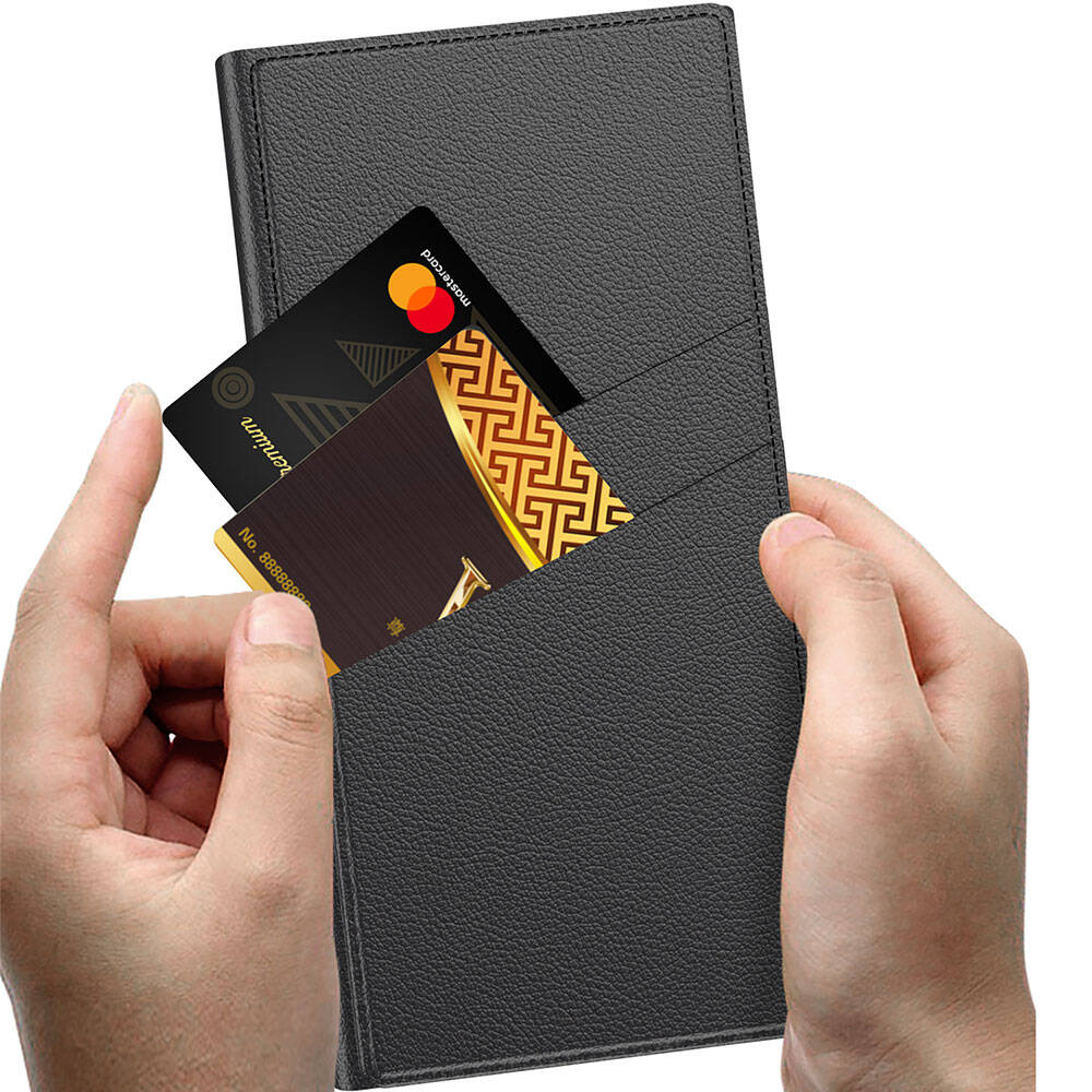 Galaxy S24 Ultra Kılıf Kamera Korumalı Suni Deri Tasarım Zore Droga Standlı Kartlıklı Kapaklı Kılıf Siyah