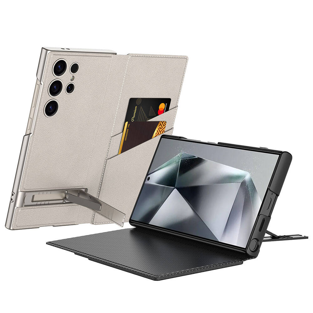 Galaxy S24 Ultra Kılıf Kamera Korumalı Suni Deri Tasarım Zore Droga Standlı Kartlıklı Kapaklı Kılıf Siyah