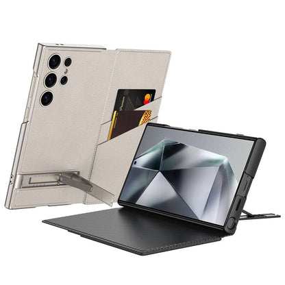 Galaxy S24 Ultra Kılıf Kamera Korumalı Suni Deri Tasarım Zore Droga Standlı Kartlıklı Kapaklı Kılıf Siyah