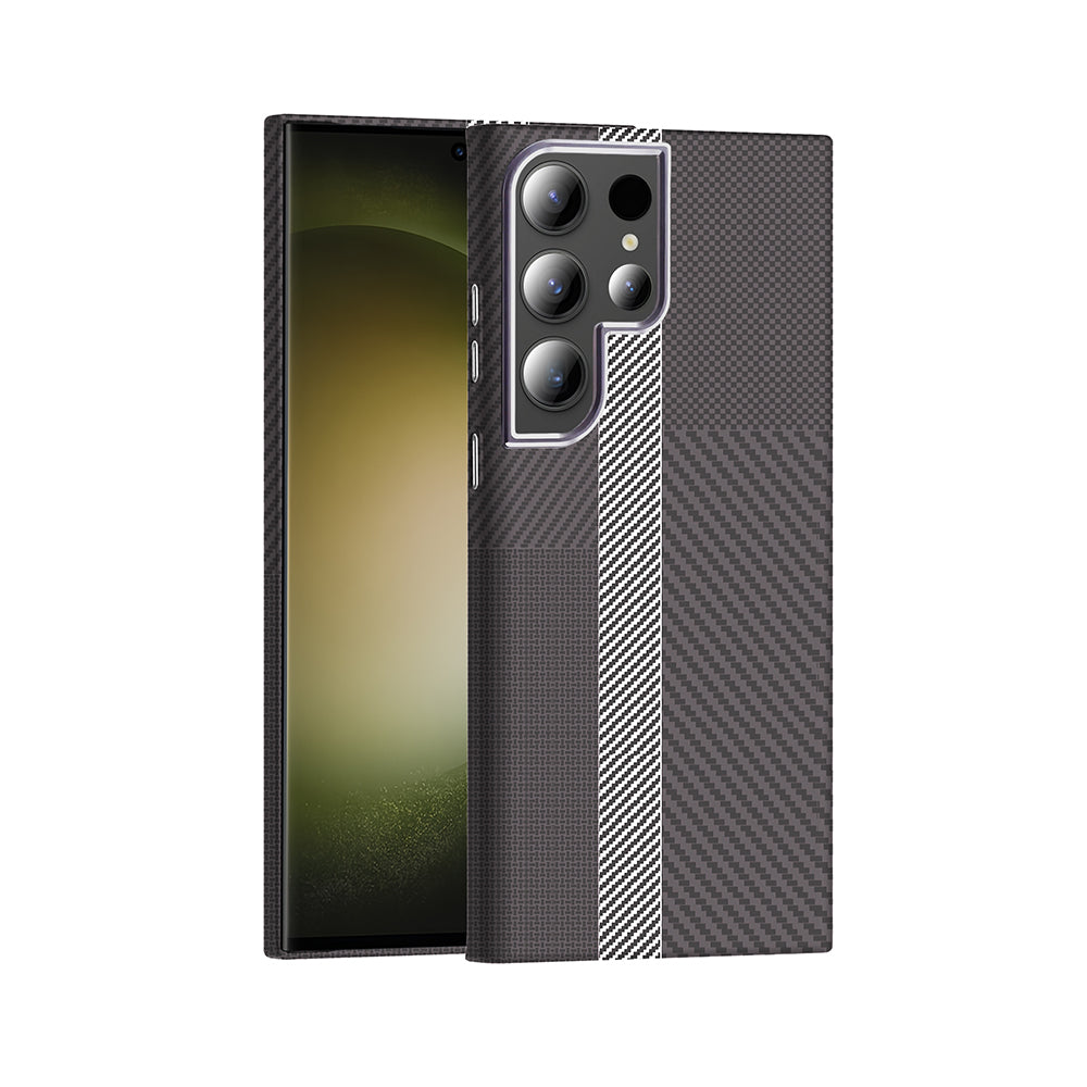 Galaxy S24 Ultra Kılıf M-safe Şarj Özellikli Karbon Fiber Görünümlü Zore Gros Kapak Gri-Siyah