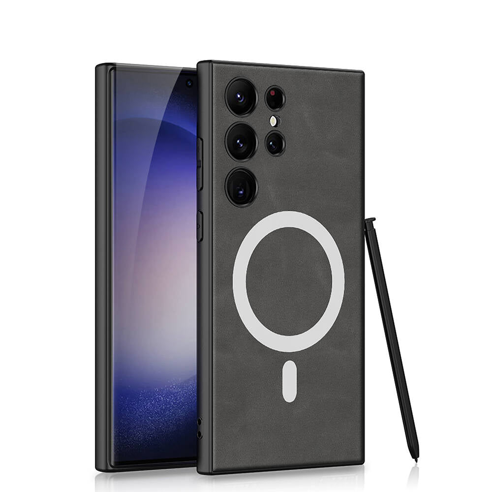 Galaxy S24 Ultra Kılıf M-safe Şarj Özellikli Deri Tasarımlı Zore Kıpta Nubuk Kapak Gri