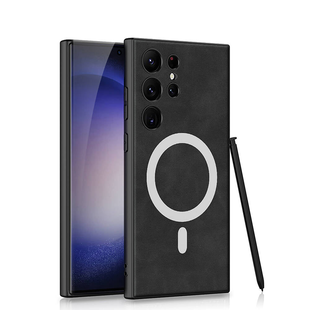 Galaxy S24 Ultra Kılıf M-safe Şarj Özellikli Deri Tasarımlı Zore Kıpta Nubuk Kapak Siyah