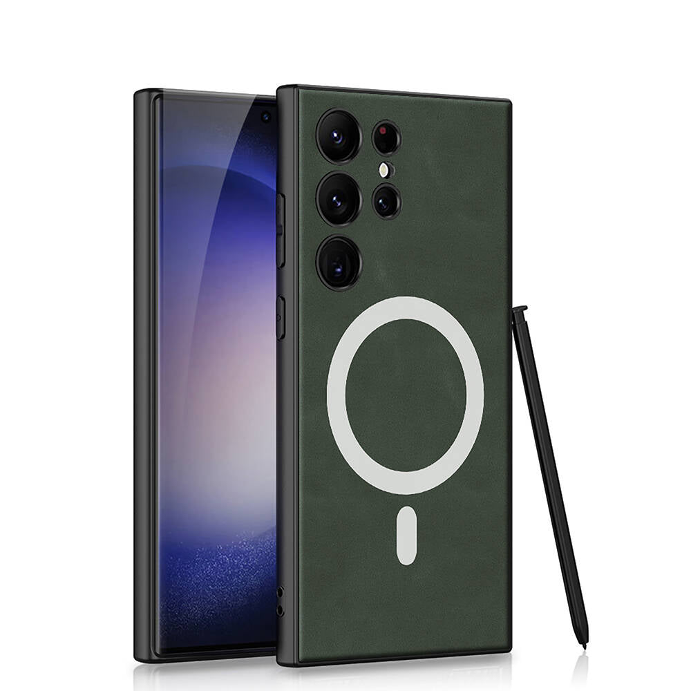 Galaxy S24 Ultra Kılıf M-safe Şarj Özellikli Deri Tasarımlı Zore Kıpta Nubuk Kapak Gri