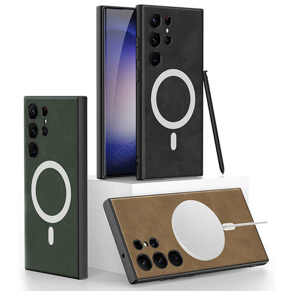 Galaxy S24 Ultra Kılıf M-safe Şarj Özellikli Deri Tasarımlı Zore Kıpta Nubuk Kapak Siyah