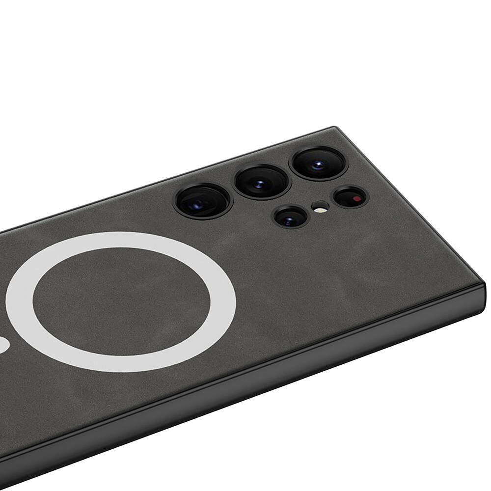 Galaxy S24 Ultra Kılıf M-safe Şarj Özellikli Deri Tasarımlı Zore Kıpta Nubuk Kapak Siyah