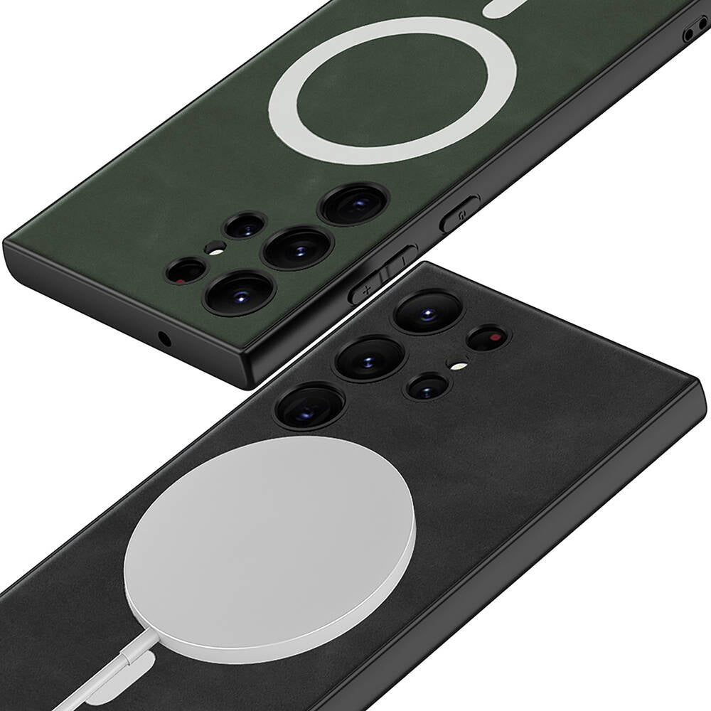 Galaxy S24 Ultra Kılıf M-safe Şarj Özellikli Deri Tasarımlı Zore Kıpta Nubuk Kapak Gri