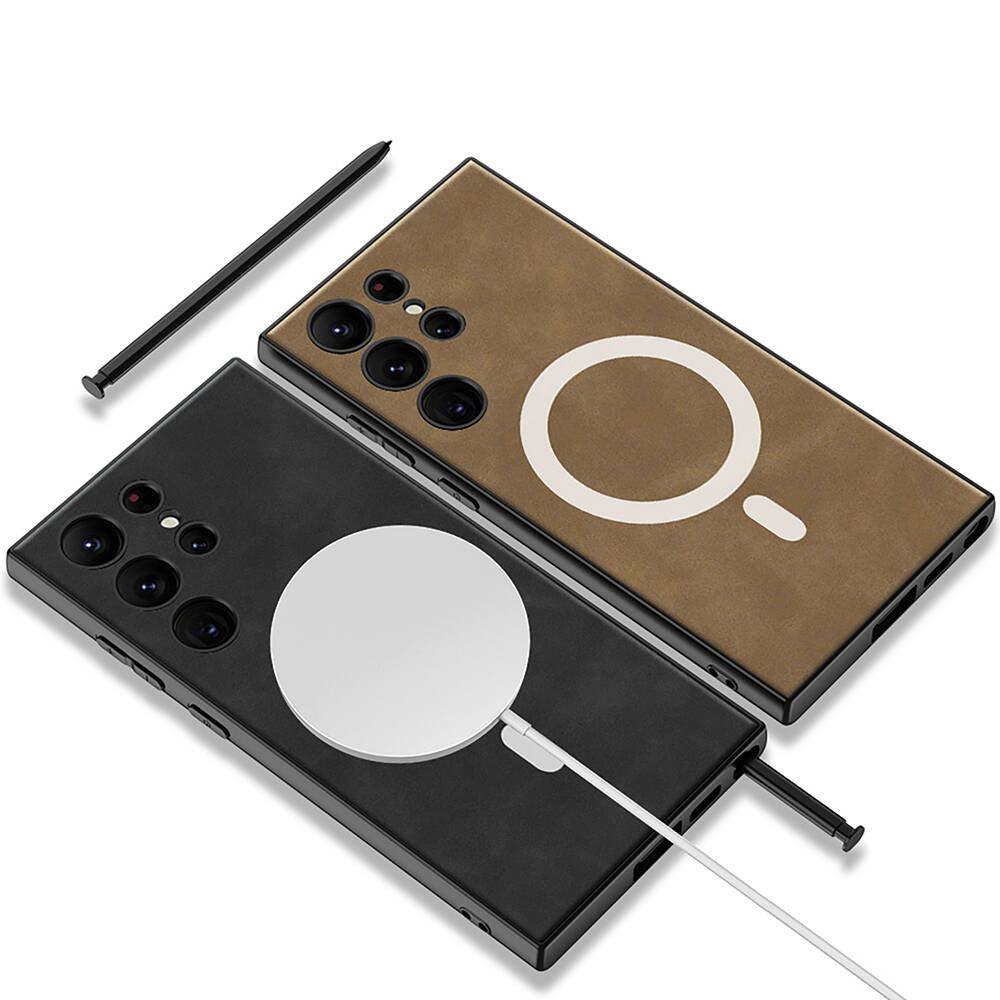 Galaxy S24 Ultra Kılıf M-safe Şarj Özellikli Deri Tasarımlı Zore Kıpta Nubuk Kapak Gri