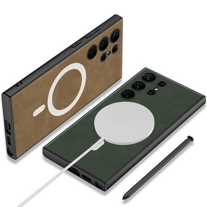 Galaxy S24 Ultra Kılıf M-safe Şarj Özellikli Deri Tasarımlı Zore Kıpta Nubuk Kapak Kahverengi