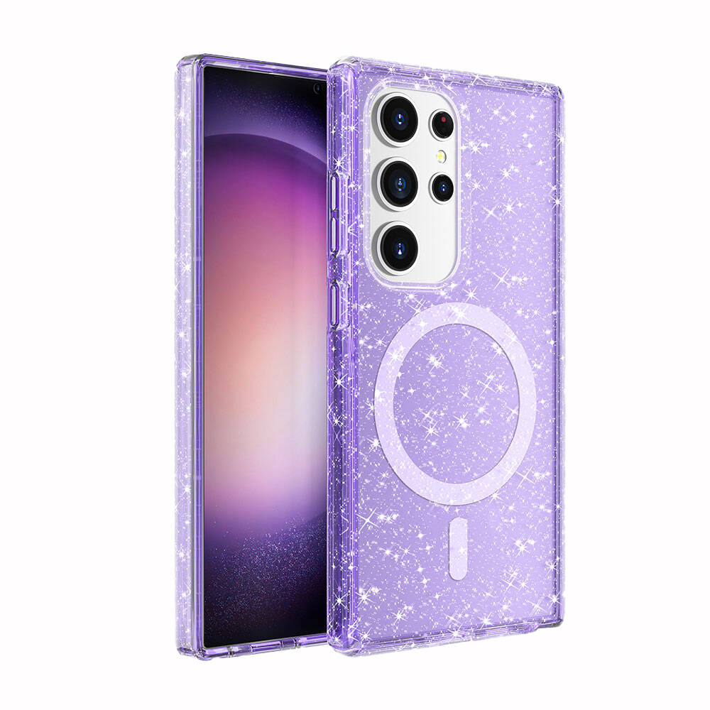 Galaxy S24 Ultra Kılıf M-safe Şarj Özellikli Parlayan Simli Saydam Renkli Zore Allstar Kapak Mor