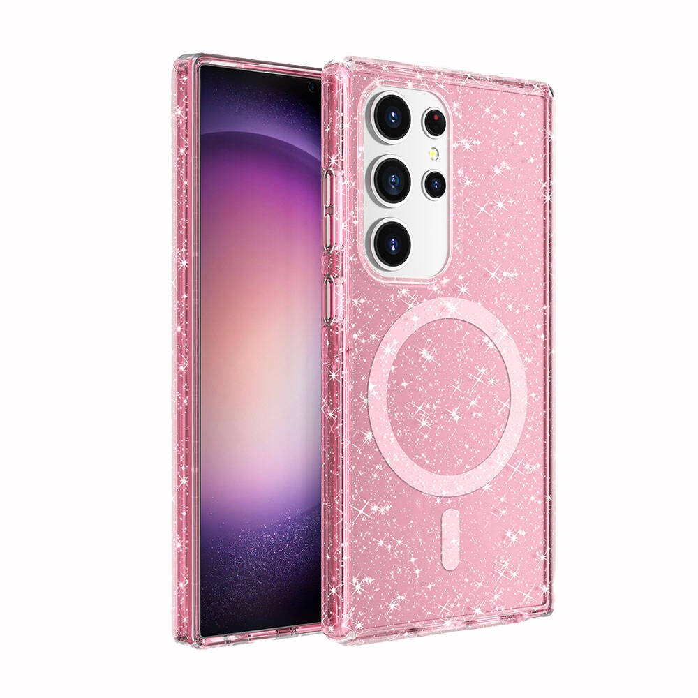 Galaxy S24 Ultra Kılıf M-safe Şarj Özellikli Parlayan Simli Saydam Renkli Zore Allstar Kapak Pembe