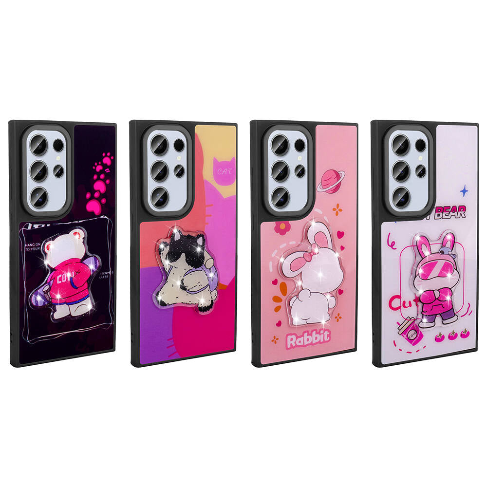 Galaxy S24 Ultra Kılıf Parlayan Kabartmalı İkonik Figürlü Zore Amas Silikon Kapak Mor