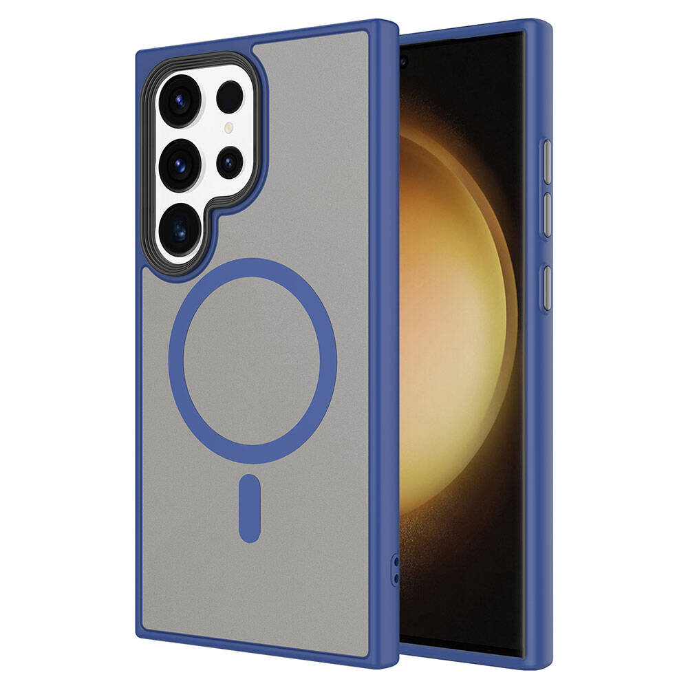 Galaxy S24 Ultra Kılıf Sert PC Arka Yüzey Wireless Şarj Özellikli Zore Flet M-safe Kapak Lacivert