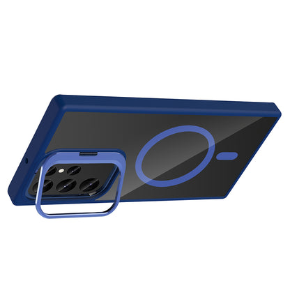 Galaxy S24 Ultra Kılıf Standlı ve Kamera Lens Hediyeli M-Safe Şarj Özellikli Zore Etro Kapak Lacivert