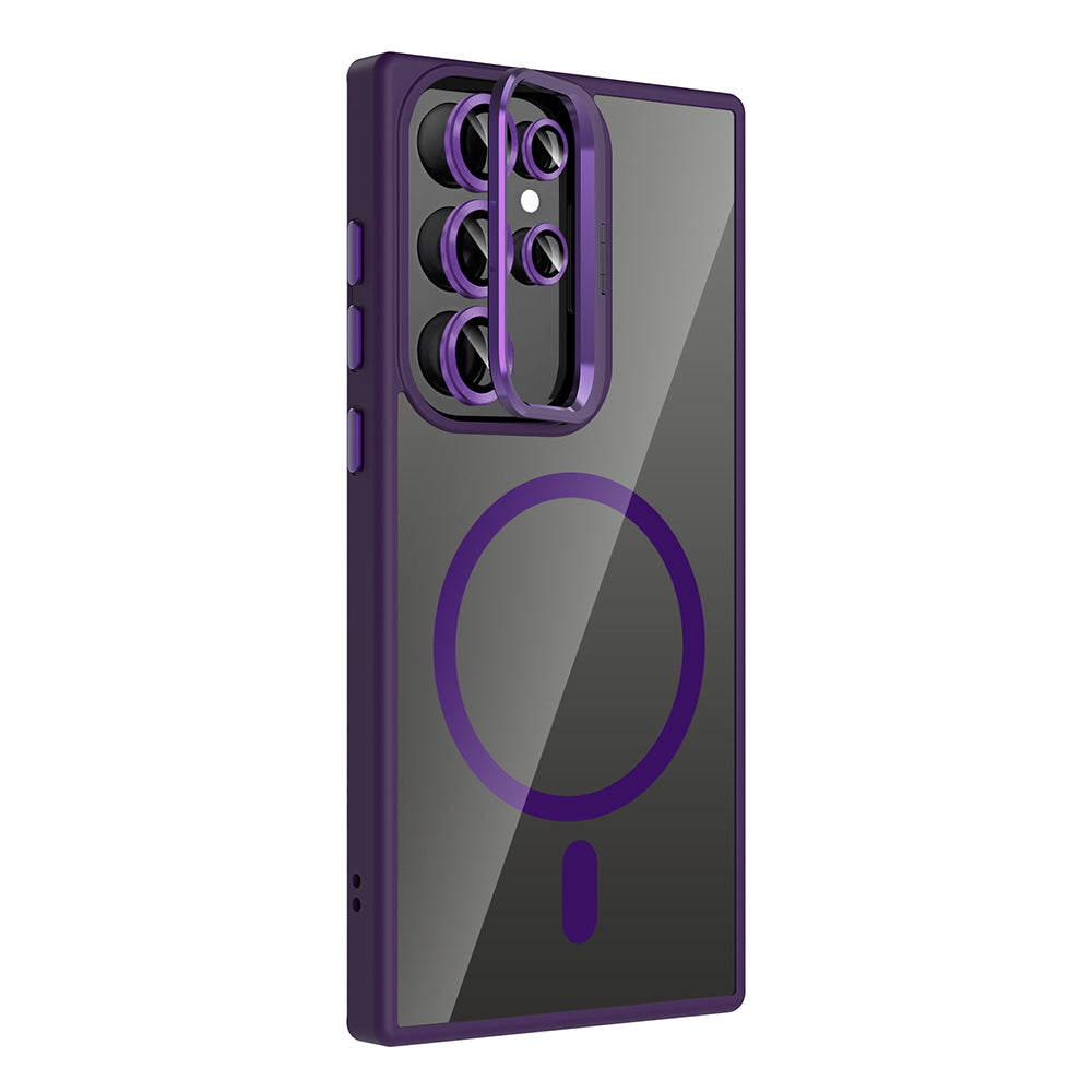 Galaxy S24 Ultra Kılıf Standlı ve Kamera Lens Hediyeli M-Safe Şarj Özellikli Zore Etro Kapak Pembe