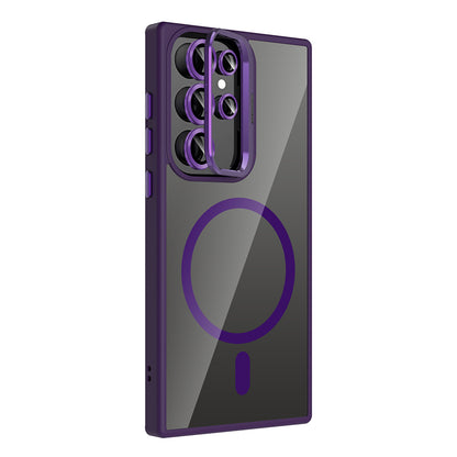 Galaxy S24 Ultra Kılıf Standlı ve Kamera Lens Hediyeli M-Safe Şarj Özellikli Zore Etro Kapak Pembe