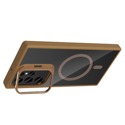 Galaxy S24 Ultra Kılıf Standlı ve Kamera Lens Hediyeli M-Safe Şarj Özellikli Zore Etro Kapak Derin Mor