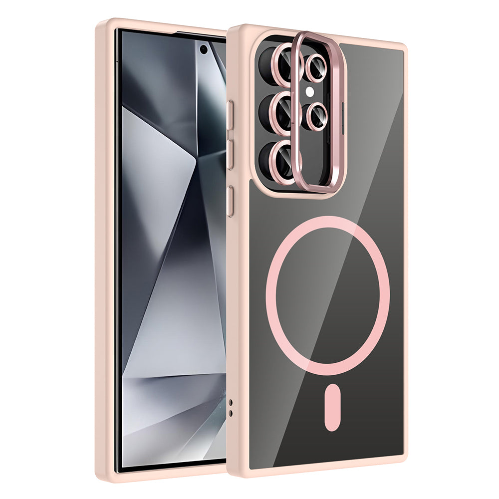 Galaxy S24 Ultra Kılıf Standlı ve Kamera Lens Hediyeli M-Safe Şarj Özellikli Zore Etro Kapak Pembe