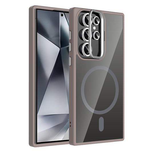 Galaxy S24 Ultra Kılıf Standlı ve Kamera Lens Hediyeli M-Safe Şarj Özellikli Zore Etro Kapak Gri