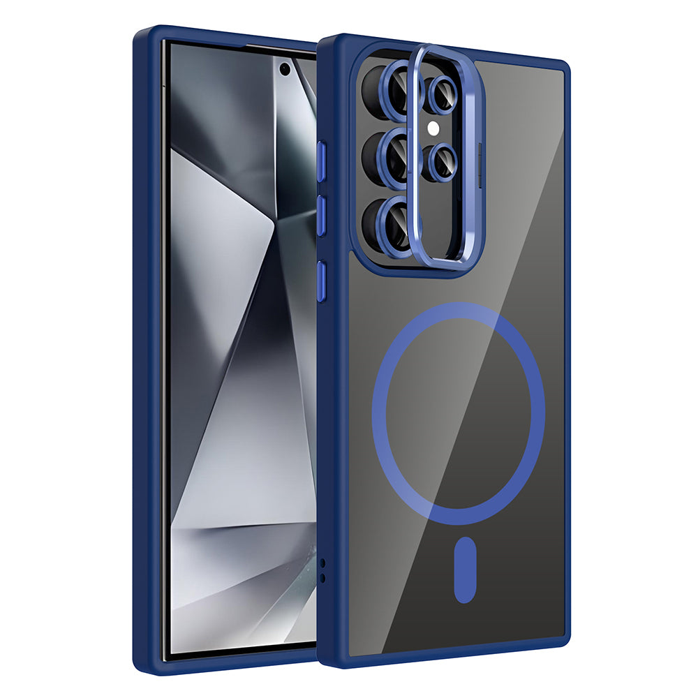 Galaxy S24 Ultra Kılıf Standlı ve Kamera Lens Hediyeli M-Safe Şarj Özellikli Zore Etro Kapak Lacivert