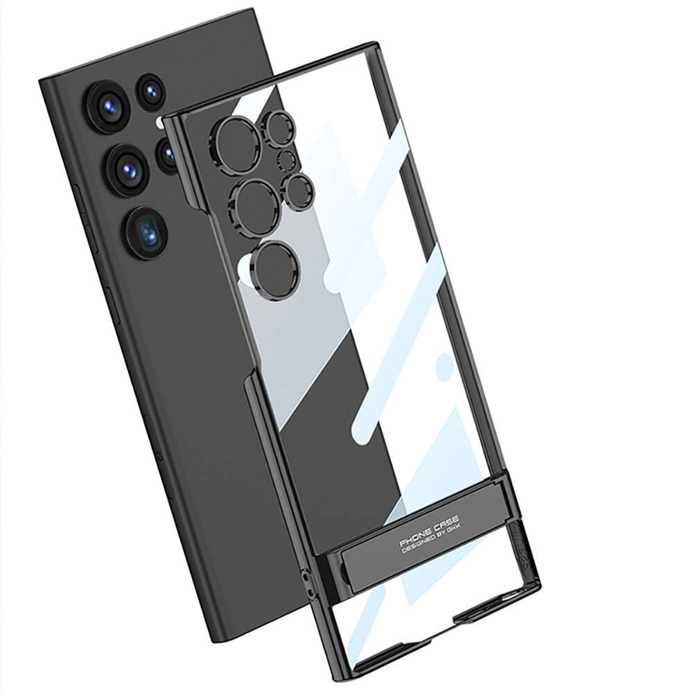 Galaxy S24 Ultra Kılıf Zore Kamera Korumalı Şeffaf Dikey Standlı Ays Kapak Siyah