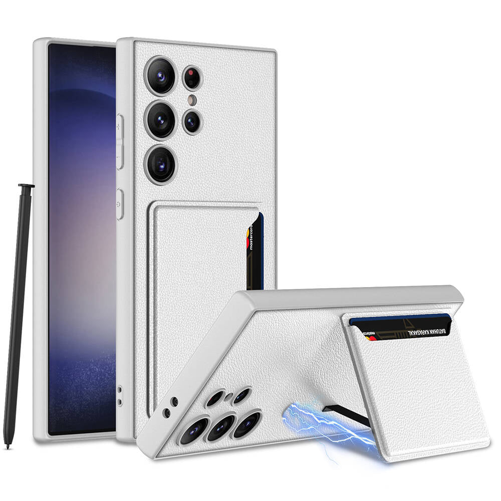 Galaxy S24 Ultra Suni Deri Arka Yüzey Zore Kartlıklı Kıpta Silikon Kapak Gümüş