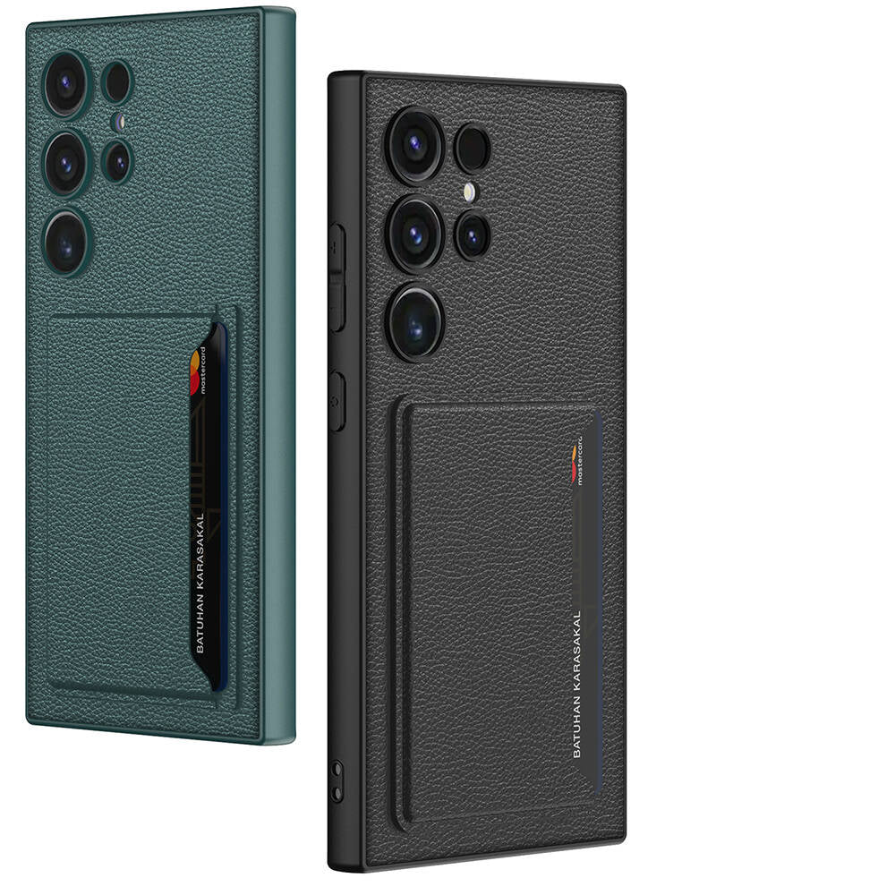 Galaxy S24 Ultra Suni Deri Arka Yüzey Zore Kartlıklı Kıpta Silikon Kapak Siyah Karbon