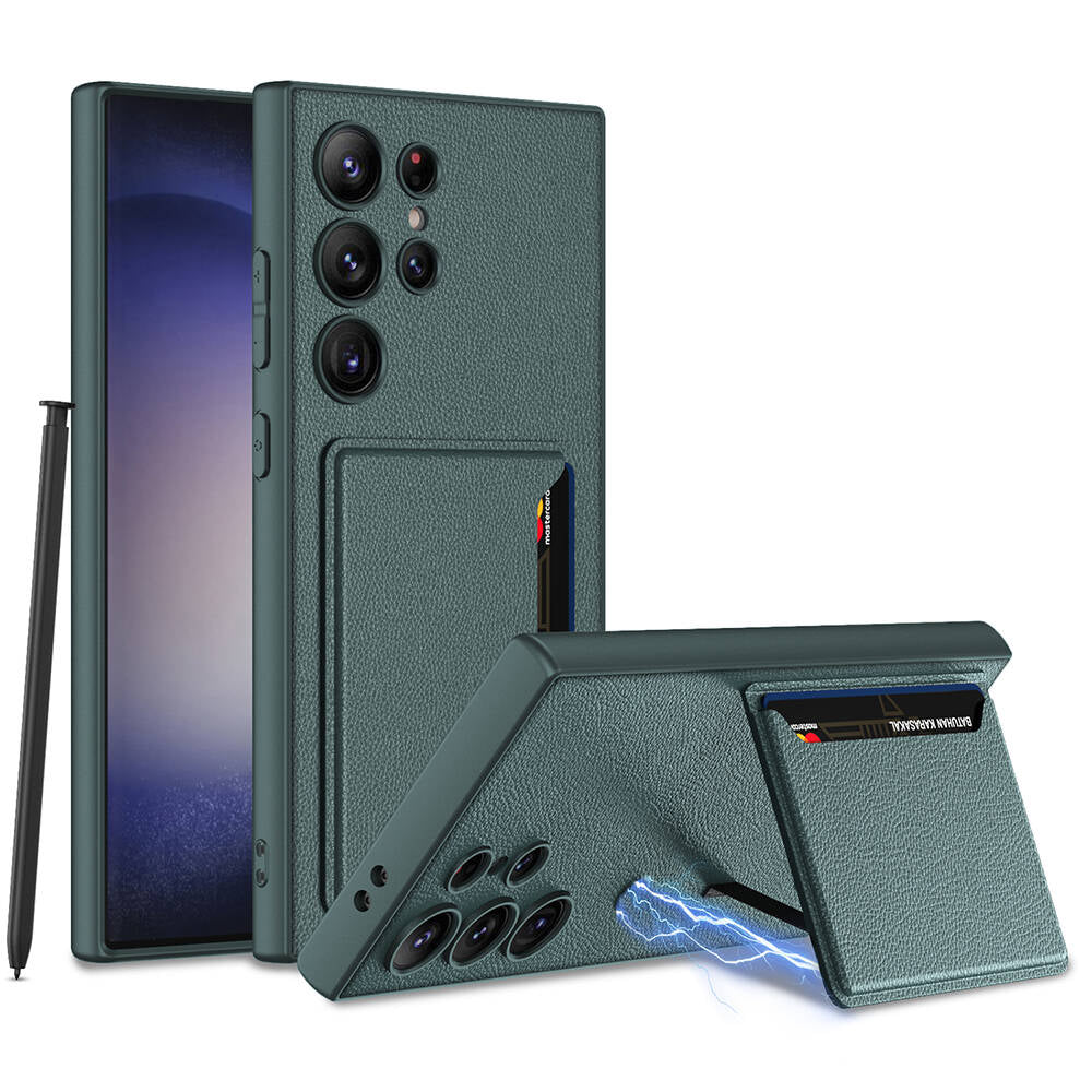 Galaxy S24 Ultra Suni Deri Arka Yüzey Zore Kartlıklı Kıpta Silikon Kapak Yeşil