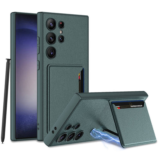 Galaxy S24 Ultra Suni Deri Arka Yüzey Zore Kartlıklı Kıpta Silikon Kapak Yeşil