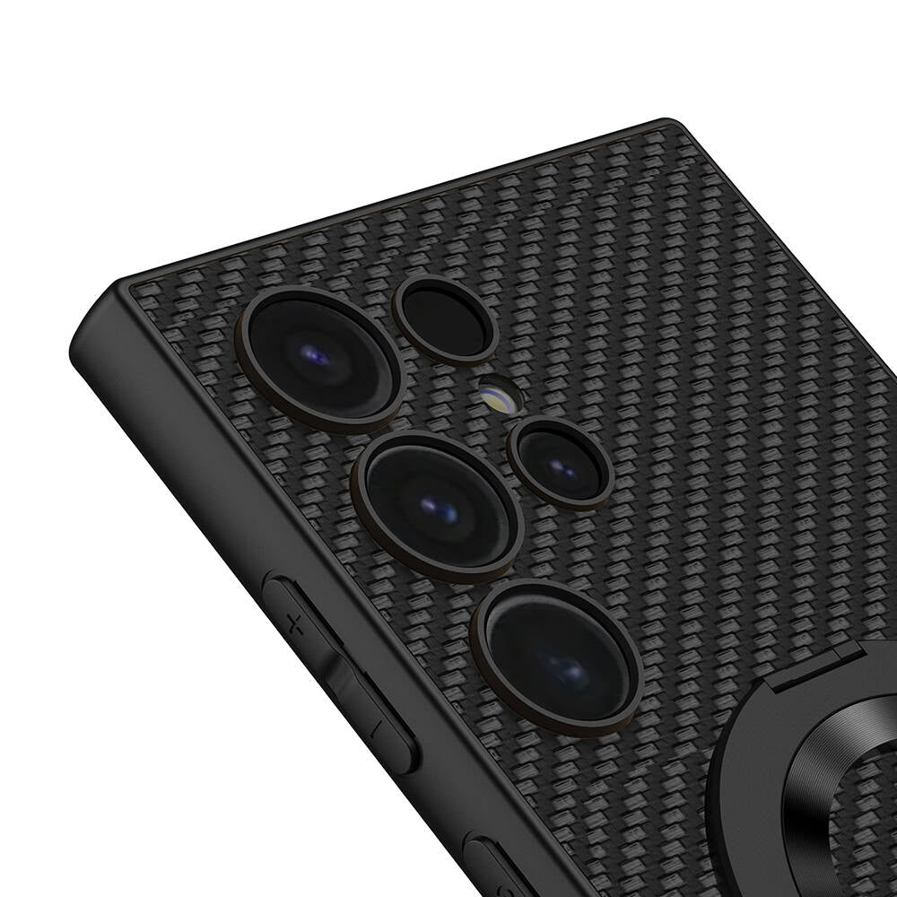 Galaxy S24 Ultra Wireless Şarj Özellikli Zore Kıpta Standlı M-safe Silikon Kapak Siyah Karbon