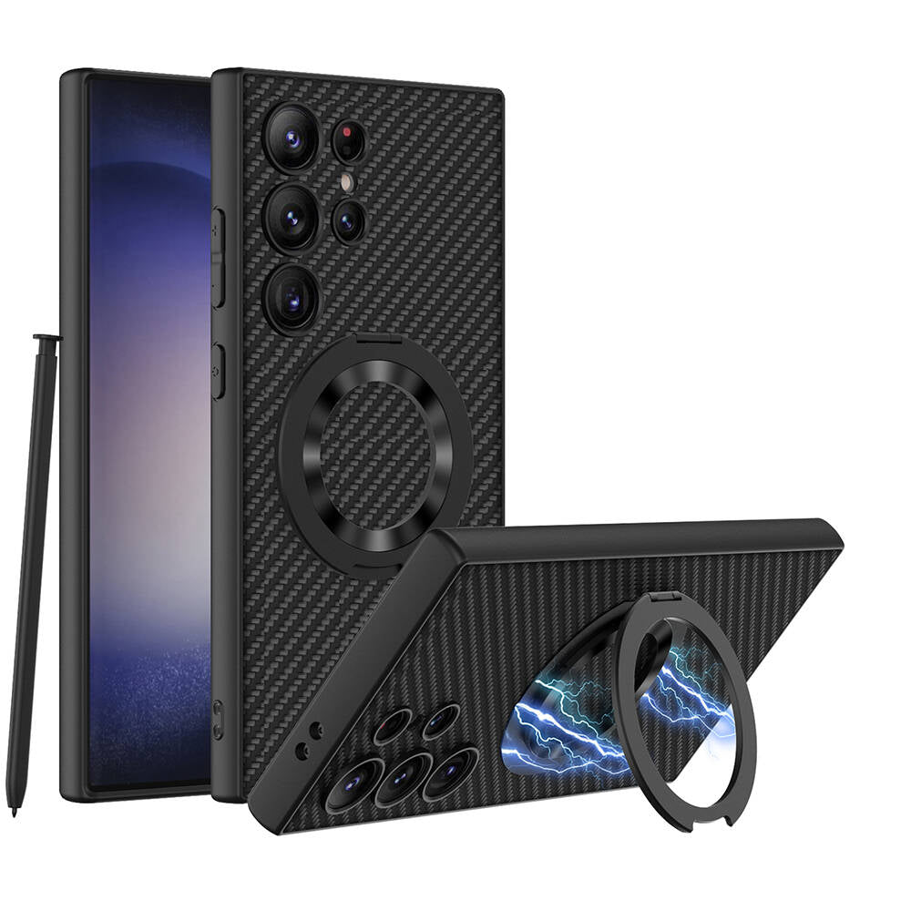 Galaxy S24 Ultra Wireless Şarj Özellikli Zore Kıpta Standlı M-safe Silikon Kapak Siyah Karbon