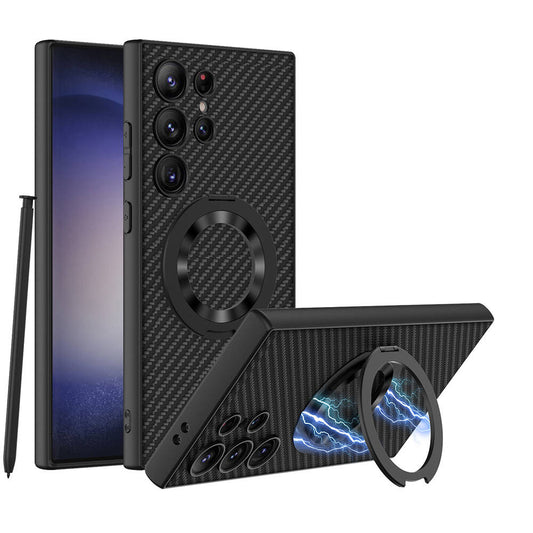 Galaxy S24 Ultra Wireless Şarj Özellikli Zore Kıpta Standlı M-safe Silikon Kapak Siyah Karbon