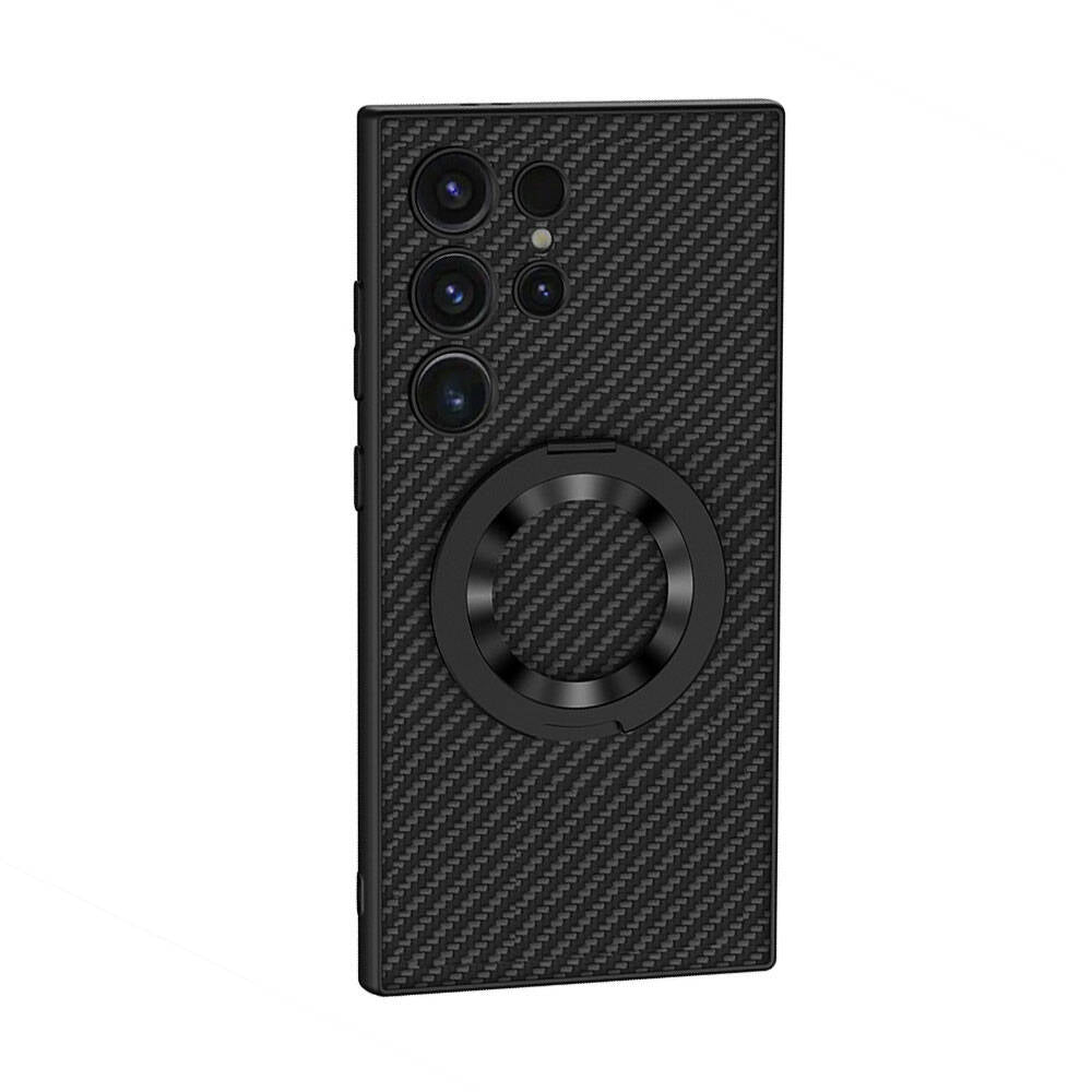 Galaxy S24 Ultra Wireless Şarj Özellikli Zore Kıpta Standlı M-safe Silikon Kapak Siyah Karbon