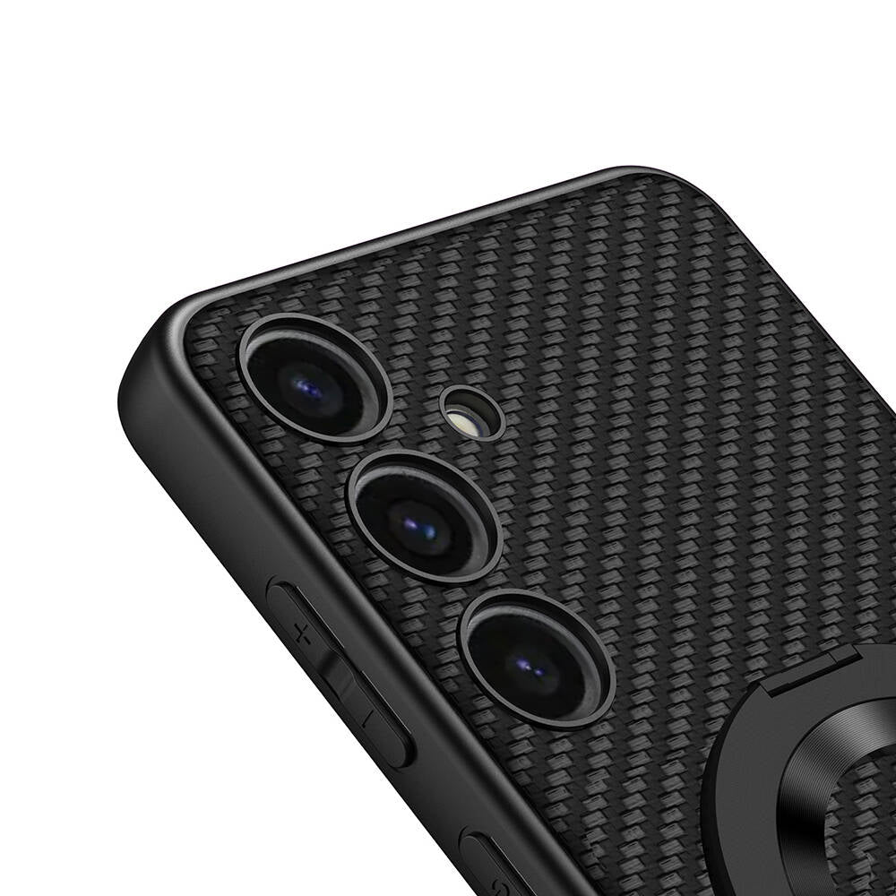 Galaxy S24 Wireless Şarj Özellikli Zore Kıpta Standlı M-safe Silikon Kapak Siyah Karbon