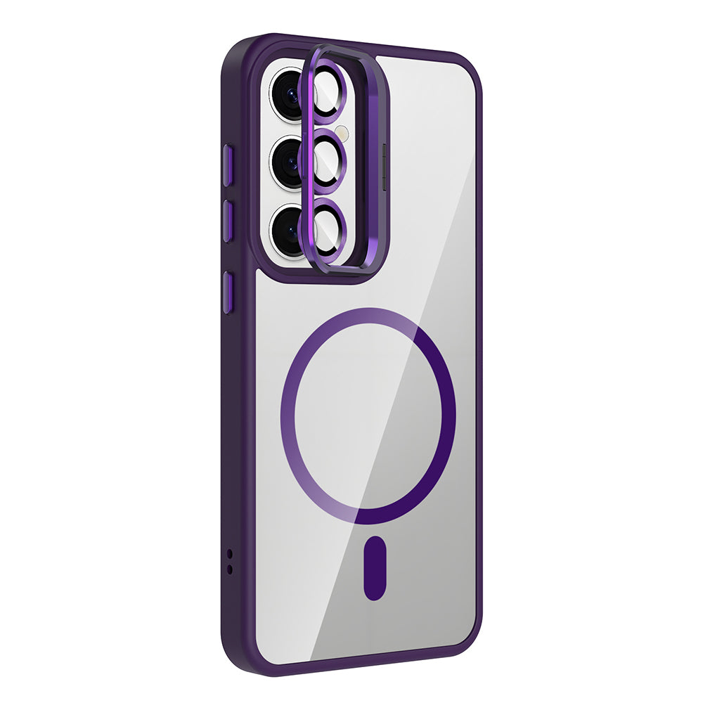 Galaxy S25 Kılıf Standlı ve Kamera Lens Hediyeli M-Safe Şarj Özellikli Zore Etro Kapak Pembe