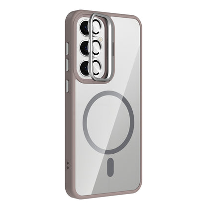 Galaxy S25 Kılıf Standlı ve Kamera Lens Hediyeli M-Safe Şarj Özellikli Zore Etro Kapak Pembe