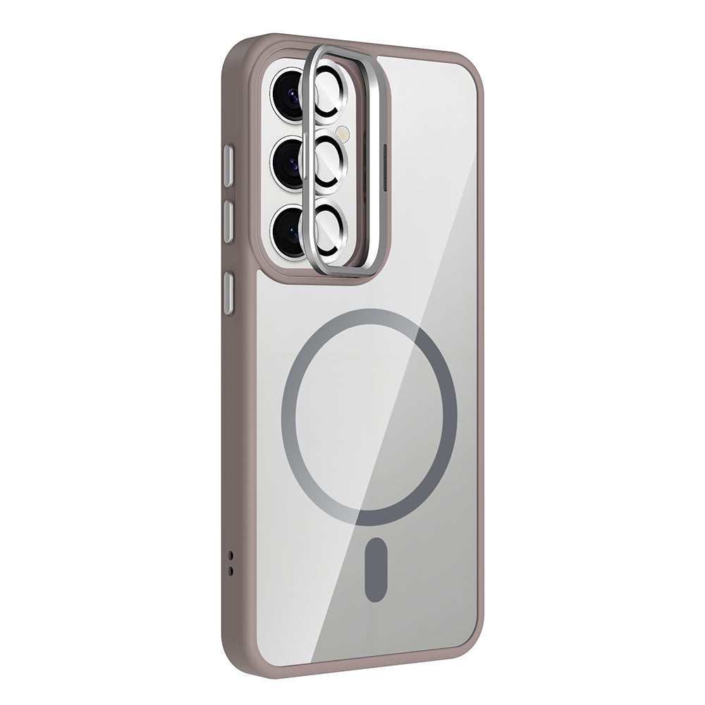 Galaxy S25 Kılıf Standlı ve Kamera Lens Hediyeli M-Safe Şarj Özellikli Zore Etro Kapak Desert Titanyum